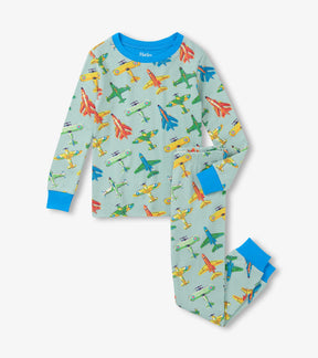 Hatley boys green cotton pajama set with colourful Vintage Aircrafts print, blue trim and matching pants