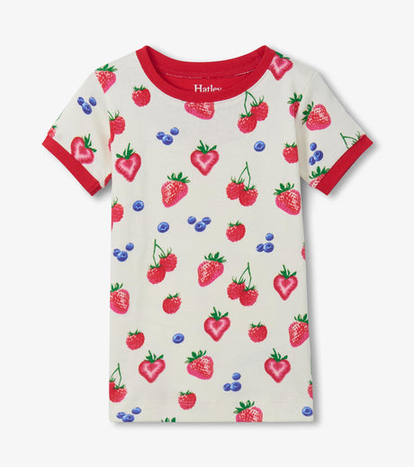 Front view of girls berry-print cotton pajama top with Red trim and short sleeves.