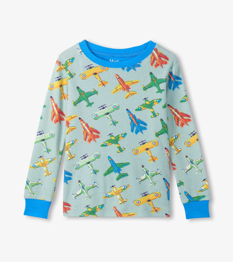 Front view of boys airplane-print pajama top with bright Blue neckline and sleeve cuffs.