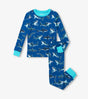 Hatley boys cotton pajama set in Blue/Aqua with Patterned Sharks print, long sleeves, and matching pants.
