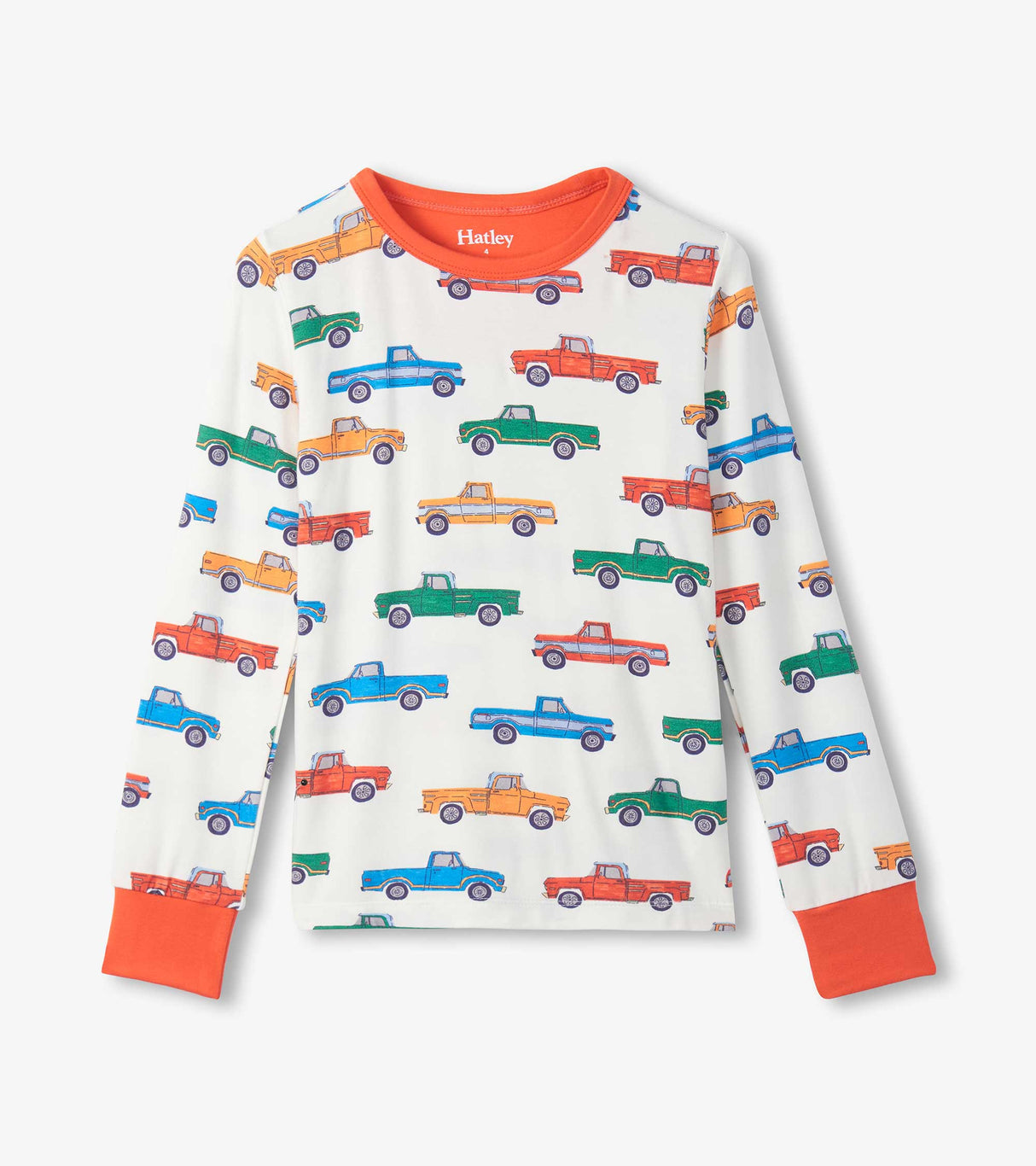 Front view of truck-print bamboo pajama top with orange trim and chest pocket detail.