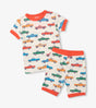 Hatley boys bamboo short pajama set in Cream/Orange with colorful trucks print and matching shorts.