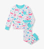 Hatley girls bamboo pajama set in White/Aqua with Painted Sealife print, long sleeves, and matching pants.