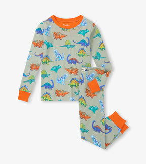 Hatley boys Sage dino party cotton pajama set with colorful dinosaur print and orange trim.