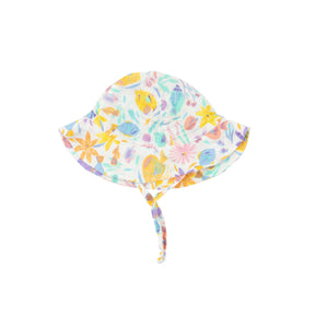 Angel Dear Tropical Fish Floral white sun hat with multicolor fish print, wide brim and chin tie