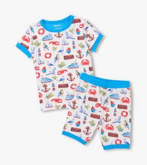 Hatley boys Painted Seascape bamboo short pajama set with blue trim and matching shorts.