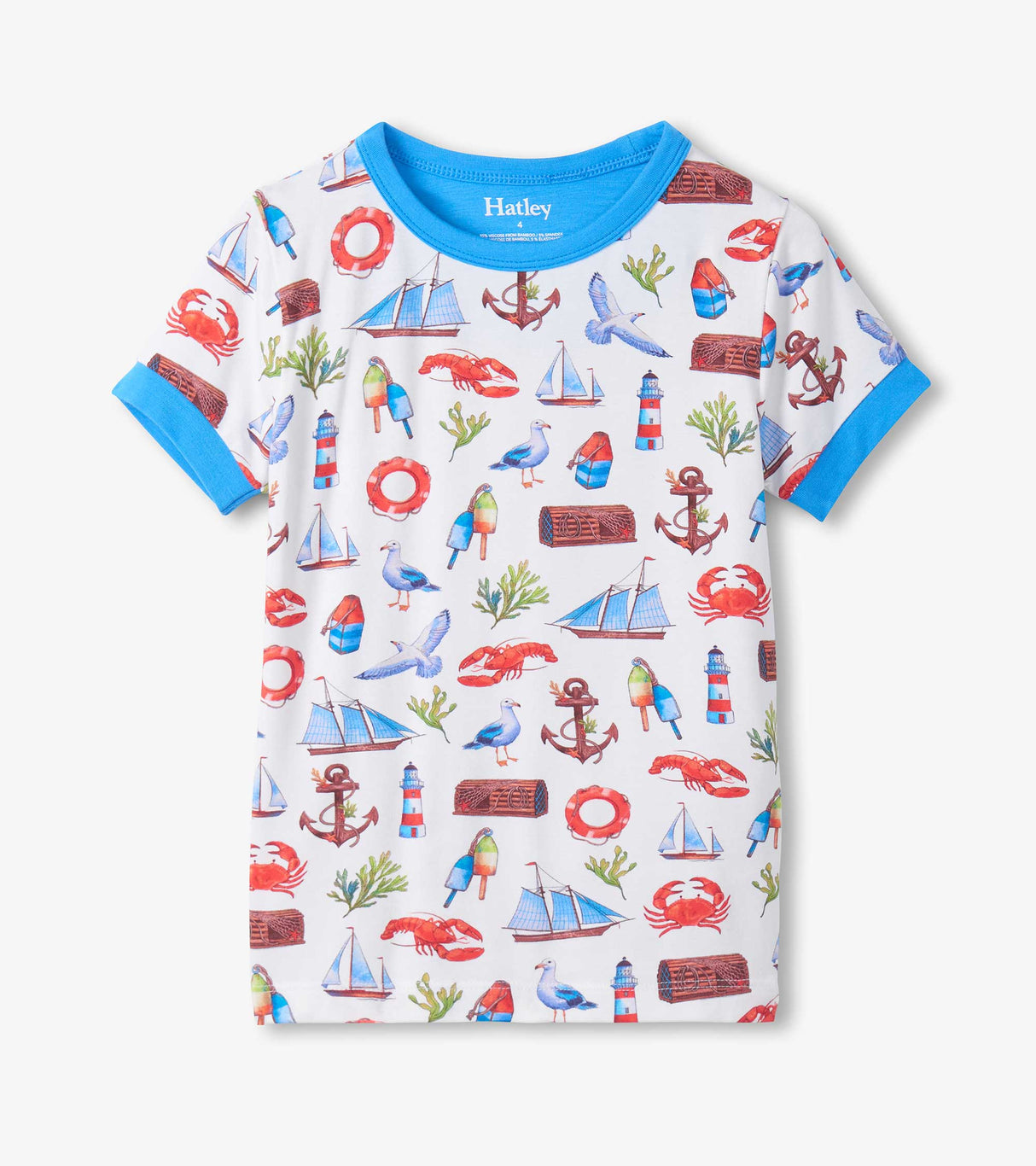 Hatley boys bamboo short sleeve pajama top with colorful coastal print and blue neckline.