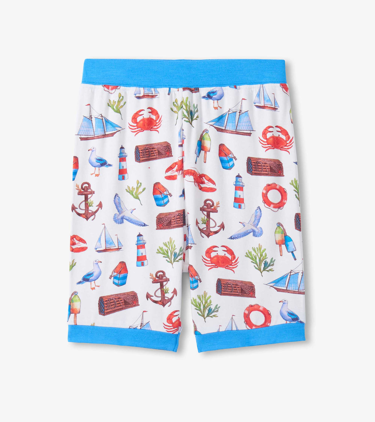 Hatley boys matching bamboo pajama shorts with Painted Seascape print and blue trim.