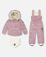 Front flat lay of Deux par Deux Baby Snug Snowsuit purple bear print